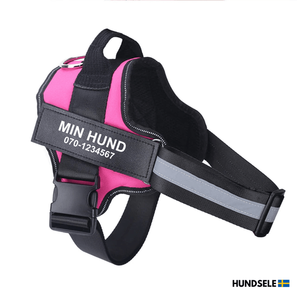 Rosa hundsele med namnet 'Min Hund' och telefonnummer '070-1234567' tryckt på sidan. Lätt och slitstark hundsele för daglig användning, perfekt för alla hundraser. Köp din personliga sele på hund-sele.se