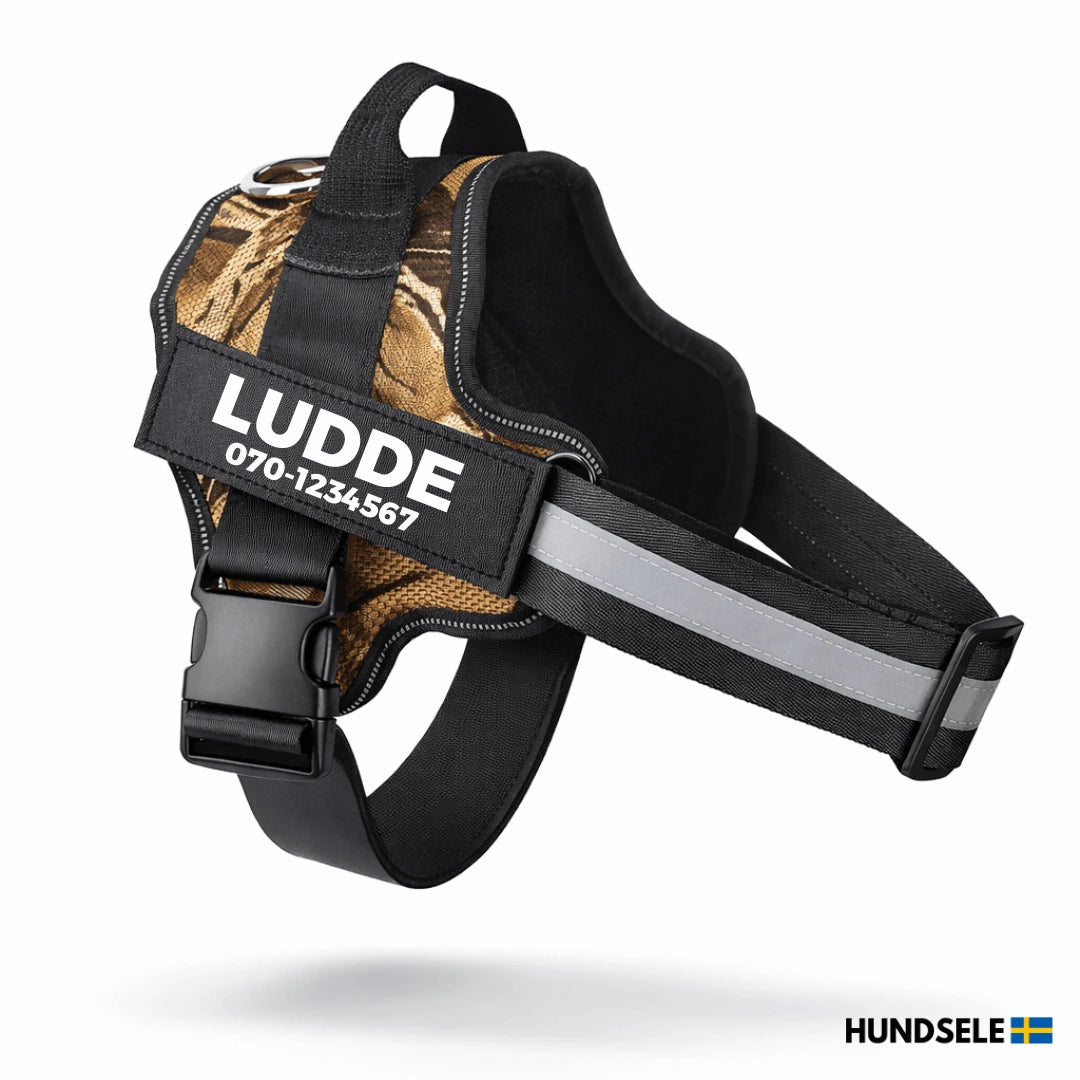 Kamouflage hundsele med namntryck och reflex – personlig hundsele med handtag och ryggfäste för koppel.
