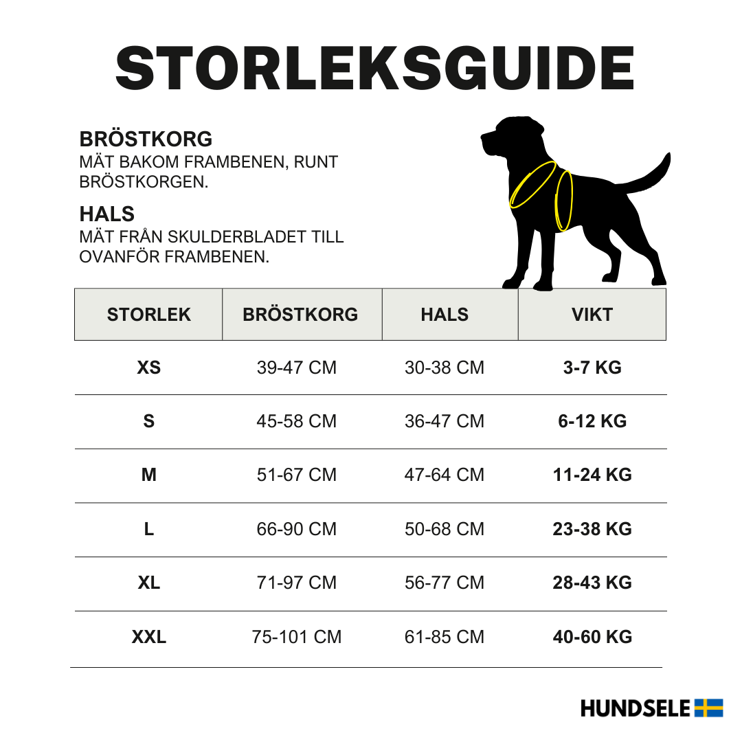 Storleksguide för hundsele med instruktioner för att mäta bröstkorg och hals, samt storlekstabell för XS till XXL. Logotypen HUNDSELE finns längst ner i högra hörnet.