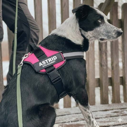 Hund med rosa hundsele med namn och telefonnummer – personlig sele med reflex för trygg promenad