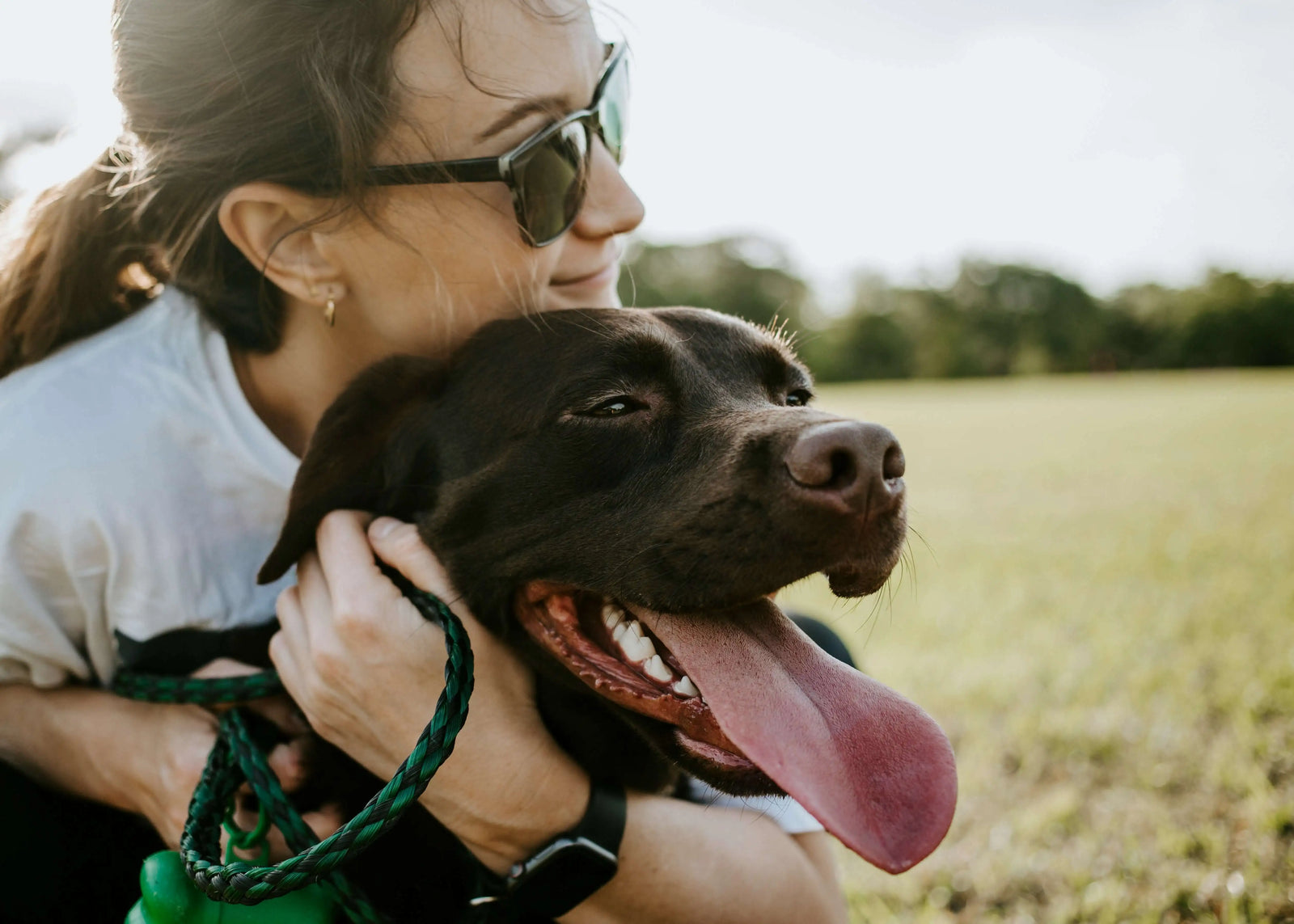 Kvinna kramar sin hund utomhus – trygg promenad med personlig hundsele med reflex och namn.